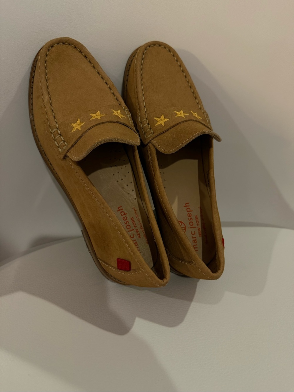 ☀️🌊 Marc Joseph Boy’s Tan Suede Driving Loafers with Star Embroidery